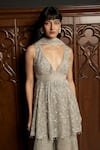 Istya_Gray Net Sequins, Beads V-neck Grey Embellished Kurta Sharara Set _Online_at_Aza_Fashions