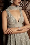 Shop_Istya_Gray Net Sequins, Beads V-neck Grey Embellished Kurta Sharara Set _Online_at_Aza_Fashions