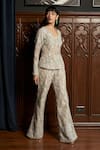 Istya_Gray Net Beads, Sequins V-neck Grey Embellished Jacket Pant Set _Online_at_Aza_Fashions
