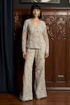 Buy_Istya_Gray Net Beads, Sequins V-neck Grey Embellished Jacket Pant Set _at_Aza_Fashions
