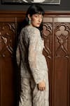 Istya_Gray Net Beads, Sequins V-neck Grey Embellished Jacket Pant Set _at_Aza_Fashions