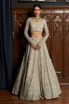 Shop_Istya_Gray Net Sequins, Beads, Embroidery Scoop Grey Embellished Bridal Lehenga Set _at_Aza_Fashions