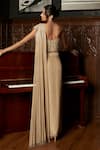 Shop_Istya_Beige Chinon Embroidery, Beads Bandeau Neck Corset With Pre-draped Saree _at_Aza_Fashions