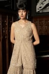 Istya_Beige Net Sequins, Embroidery V-neck Embellished Kurta Sharara Set _Online_at_Aza_Fashions