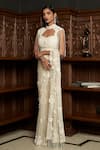Istya_Ivory Net Beads, Embroidery High Neck Embellished Saree Set With Cape _Online_at_Aza_Fashions