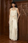 Buy_Istya_Ivory Net, Satin Sequins, Beads, Pearls Embellished Jacket And Draped Skirt Set _at_Aza_Fashions