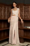 Buy_Istya_Pink Net Sequins, Beads Sweetheart Neck Pre-draped Saree With Blouse _at_Aza_Fashions