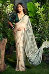 Buy_Aza X Shilpa Shetty Kundra_Green Georgette, Silk Satin, Florette Print Saree With Puff Sleeve Blouse _at_Aza_Fashions