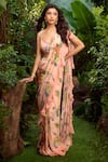 Buy_Aza X Shilpa Shetty Kundra_Peach Chiffon, Modal, Satin Ruffles, Printed Pre-draped Saree With Blouse _at_Aza_Fashions