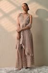 Ohh Crow_Pink Chanderi Silk, Organza Sequins, Beads, Embroidery V-neck Hand Kurta Set _at_Aza_Fashions