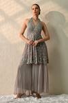 Buy_Ohh Crow_Gray Georgette Embroidery, Beads, Sequins Halter Neck Monsoon Mist Kurta Set _at_Aza_Fashions
