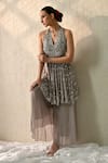 Buy_Ohh Crow_Gray Georgette Embroidery, Beads, Sequins Halter Neck Monsoon Mist Kurta Set _Online_at_Aza_Fashions