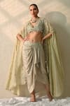 Buy_Ohh Crow_Gold Silk Beads, Sequins Round Neck, Hand Embroidered Cape Skirt Set _at_Aza_Fashions