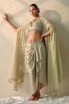 Buy_Ohh Crow_Gold Silk Beads, Sequins Round Neck, Hand Embroidered Cape Skirt Set _Online_at_Aza_Fashions