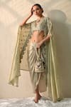 Shop_Ohh Crow_Gold Silk Beads, Sequins Round Neck, Hand Embroidered Cape Skirt Set _Online_at_Aza_Fashions