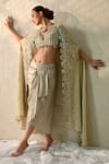 Ohh Crow_Gold Silk Beads, Sequins Round Neck, Hand Embroidered Cape Skirt Set _at_Aza_Fashions