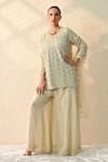 Ohh Crow_White Chanderi Silk Sequins V-neck Vanilla Embroidered Kurta Sharara Set _Online_at_Aza_Fashions