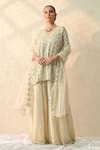 Buy_Ohh Crow_White Chanderi Silk Sequins V-neck Vanilla Embroidered Kurta Sharara Set _at_Aza_Fashions