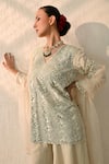 Ohh Crow_Cream Chanderi Silk Embroidery, Mirrors V-neck Kurta Sharara Set _Online_at_Aza_Fashions