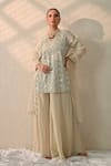 Buy_Ohh Crow_Cream Chanderi Silk Embroidery, Mirrors V-neck Kurta Sharara Set _at_Aza_Fashions