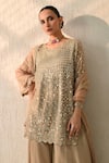 Ohh Crow_Brown Chanderi Silk Mirrors Round Neck Floral Work Kurta Sharara Set _Online_at_Aza_Fashions