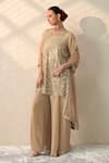 Ohh Crow_Brown Chanderi Silk Mirrors Round Neck Floral Work Kurta Sharara Set _at_Aza_Fashions