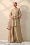 Buy_Ohh Crow_Brown Chanderi Silk Mirrors Round Neck Floral Work Kurta Sharara Set _at_Aza_Fashions