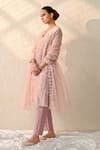 Shop_Ohh Crow_Pink Chanderi , Chanderi, Embroidery V-neck Floral Kurta Pant Set _Online_at_Aza_Fashions