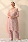 Buy_Ohh Crow_Pink Chanderi , Chanderi, Embroidery V-neck Floral Kurta Pant Set _at_Aza_Fashions