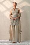 Buy_Ohh Crow_Gold Chanderi Silk Sequins, Embroidery V-neck Hand Kurta Sharara Set _Online_at_Aza_Fashions
