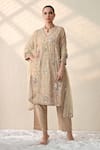 Buy_Ohh Crow_Gold Chanderi Silk Mirrors, Embroidery, Sequins V-neck Bloom Kurta Pant Set _at_Aza_Fashions