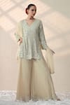 Ohh Crow_White Chanderi Silk Mirrors V-neck Cluster Embroidered Kurta Sharara Set _Online_at_Aza_Fashions