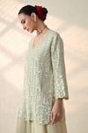 Buy_Ohh Crow_White Chanderi Silk Mirrors V-neck Cluster Embroidered Kurta Sharara Set _Online_at_Aza_Fashions
