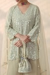 Ohh Crow_White Chanderi Silk Mirrors V-neck Cluster Embroidered Kurta Sharara Set _at_Aza_Fashions