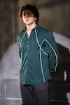 Shop_Menero_Green Crepe Full Sleeve Contrast Tape Pattern Shirt _at_Aza_Fashions
