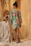 Shop_Kritika Murarka_Green Cotton, Net Boat Neck Big Floral Kaftan Top And Shorts Set _at_Aza_Fashions