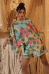 Kritika Murarka_Green Cotton, Net Boat Neck Big Floral Kaftan Top And Shorts Set _Online_at_Aza_Fashions