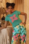 Buy_Kritika Murarka_Green Cotton Applique Crew Neck Knit Floral T-shirt _at_Aza_Fashions