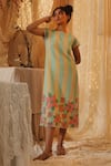 Shop_Kritika Murarka_Yellow Cotton, Net Embroidery Round Neck Blue Stripe Midi Dress _Online_at_Aza_Fashions