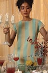 Kritika Murarka_Yellow Cotton, Net Embroidery Round Neck Blue Stripe Midi Dress _at_Aza_Fashions