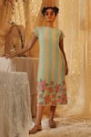 Buy_Kritika Murarka_Yellow Cotton, Net Embroidery Round Neck Blue Stripe Midi Dress _at_Aza_Fashions