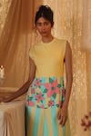 Kritika Murarka_Yellow Cotton, Linen Embroidery Crew Neck Jersey Top Tier Dress _Online_at_Aza_Fashions