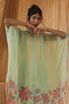 Kritika Murarka_Yellow Chiffon Embroidery High Neck Blue Stripe batwing Top And Pant Set _Online_at_Aza_Fashions