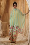 Buy_Kritika Murarka_Yellow Chiffon Embroidery High Neck Blue Stripe batwing Top And Pant Set _at_Aza_Fashions