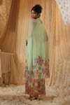 Shop_Kritika Murarka_Yellow Chiffon Embroidery High Neck Blue Stripe batwing Top And Pant Set _at_Aza_Fashions