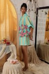 Kritika Murarka_Yellow Linen Fabric Flowers Collared Blue Stripe Shirt And Shorts Set _Online_at_Aza_Fashions