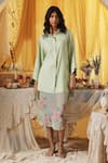 Buy_Kritika Murarka_Mint Linen, Cotton, Net Applique Collared Green Shirt And floral Skirt Set _at_Aza_Fashions