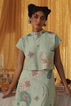 Kritika Murarka_Mint Cotton, Net Embroidery Mandarin Collar Green skirt Top Set _Online_at_Aza_Fashions