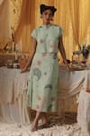 Buy_Kritika Murarka_Mint Cotton, Net Embroidery Mandarin Collar Green skirt Top Set _at_Aza_Fashions
