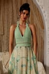 Kritika Murarka_Mint Chiffon Halter Neck Circle Print Crochet Bralette Maxi Dress _Online_at_Aza_Fashions